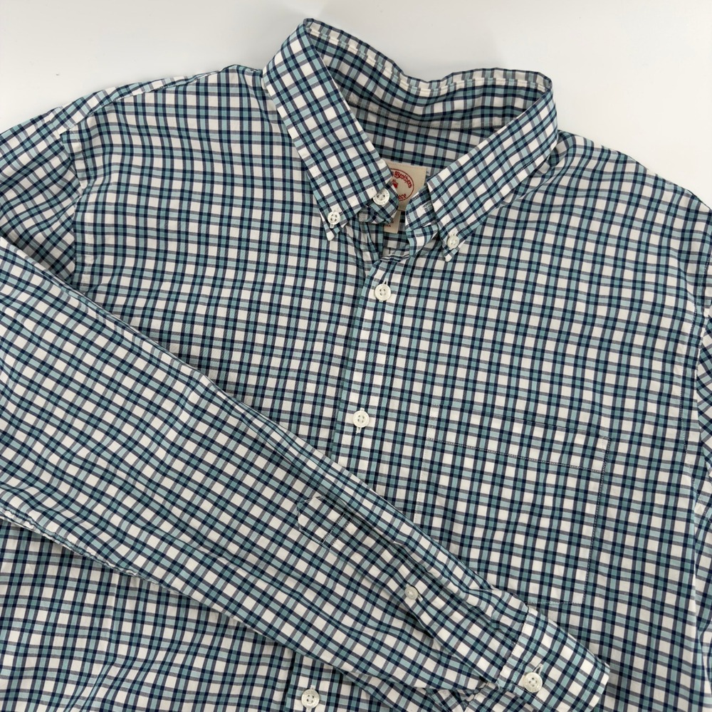 Brooks Brothers Red Fleece Mens L Plaid Button‎ Down Shirt Teal Navy Blue Check